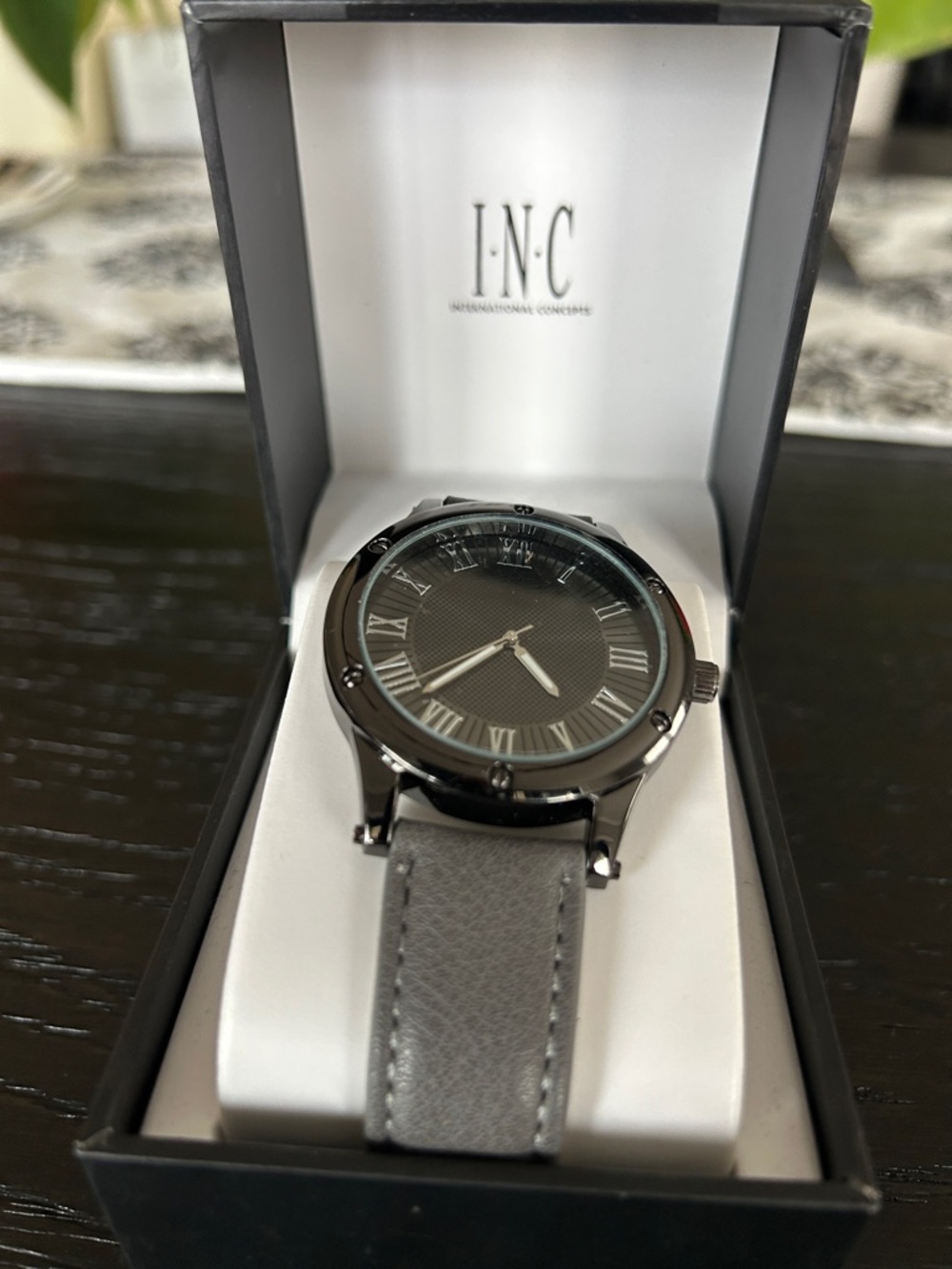 INC International Concepts Men’s Grey Leather Strap Watch with Black Dial.